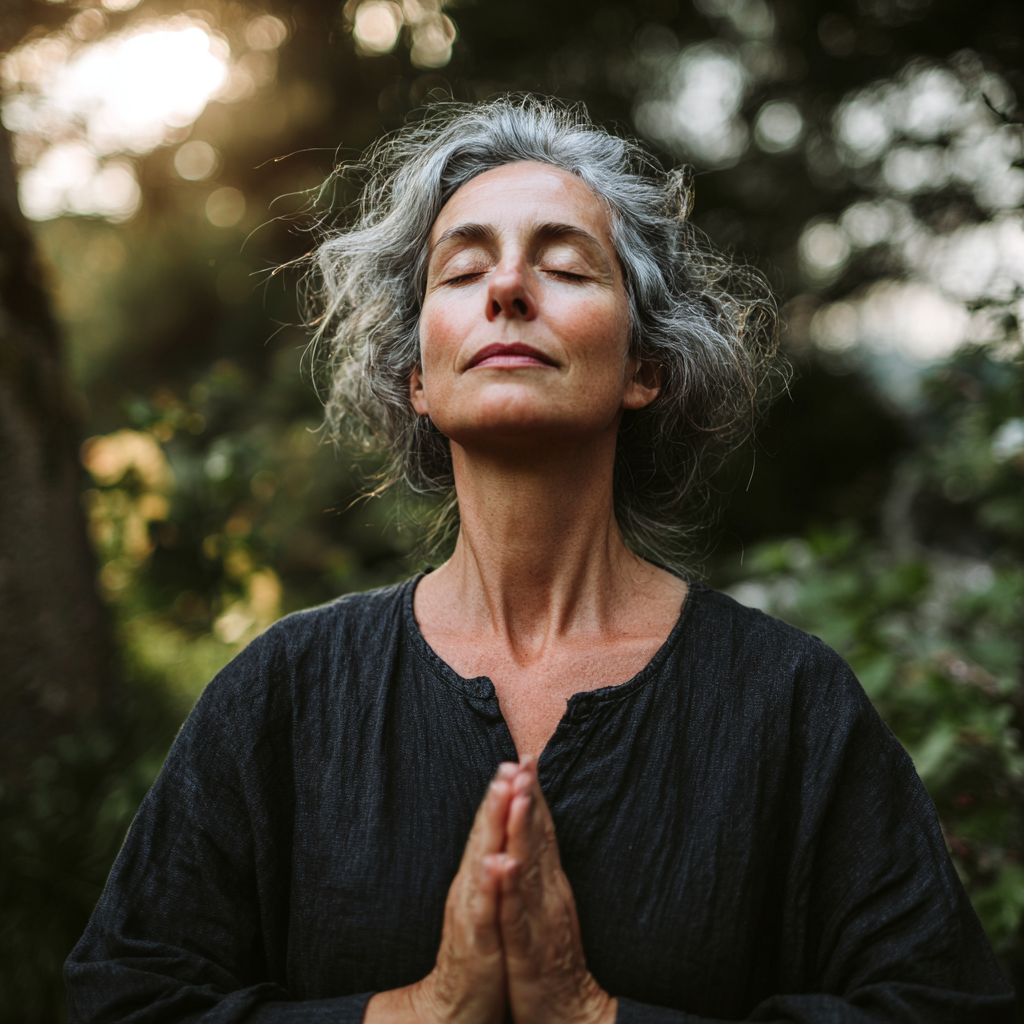 Mature woman practicing peaceful yoga meditation in natural setting