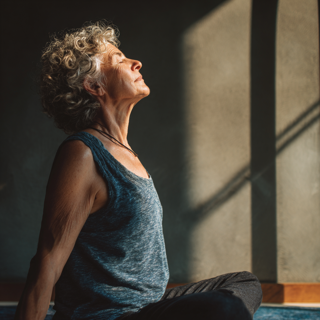 Peaceful older adult practicing gentle yoga stretches in serene environment